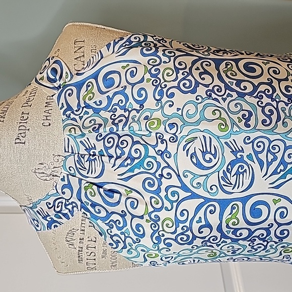 Skirtin Around Blue, White & Green Printed Silk Sleeveless Dress - Size 8 - Picture 3 of 9